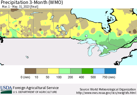 Canada Precipitation 3-Month (WMO) Thematic Map For 3/1/2023 - 5/31/2023
