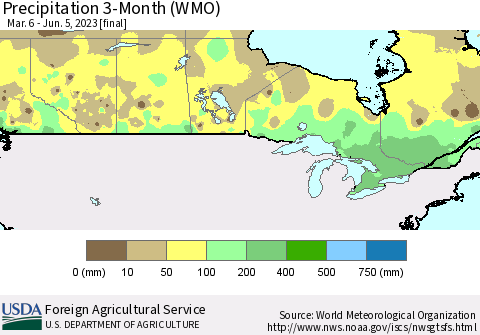 Canada Precipitation 3-Month (WMO) Thematic Map For 3/6/2023 - 6/5/2023