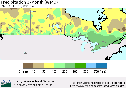 Canada Precipitation 3-Month (WMO) Thematic Map For 3/16/2023 - 6/15/2023