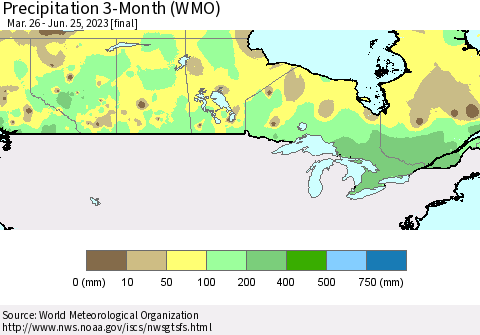 Canada Precipitation 3-Month (WMO) Thematic Map For 3/26/2023 - 6/25/2023