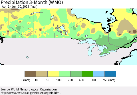 Canada Precipitation 3-Month (WMO) Thematic Map For 4/1/2023 - 6/30/2023