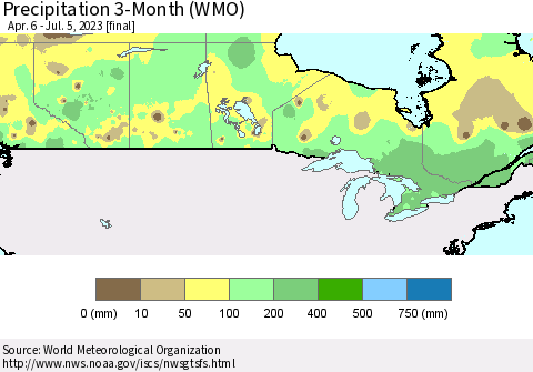 Canada Precipitation 3-Month (WMO) Thematic Map For 4/6/2023 - 7/5/2023