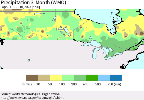 Canada Precipitation 3-Month (WMO) Thematic Map For 4/11/2023 - 7/10/2023