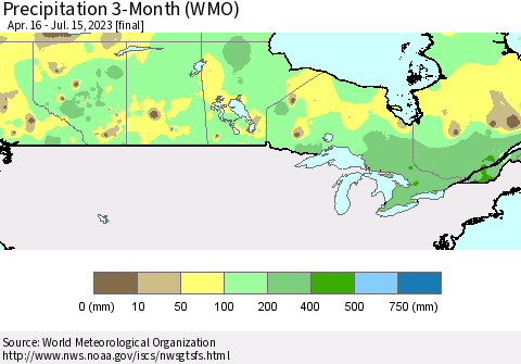 Canada Precipitation 3-Month (WMO) Thematic Map For 4/16/2023 - 7/15/2023