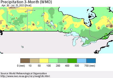 Canada Precipitation 3-Month (WMO) Thematic Map For 4/26/2023 - 7/25/2023