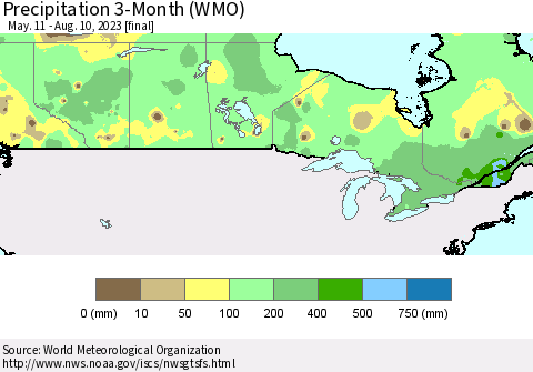 Canada Precipitation 3-Month (WMO) Thematic Map For 5/11/2023 - 8/10/2023