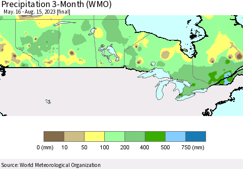 Canada Precipitation 3-Month (WMO) Thematic Map For 5/16/2023 - 8/15/2023