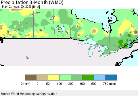 Canada Precipitation 3-Month (WMO) Thematic Map For 5/21/2023 - 8/20/2023