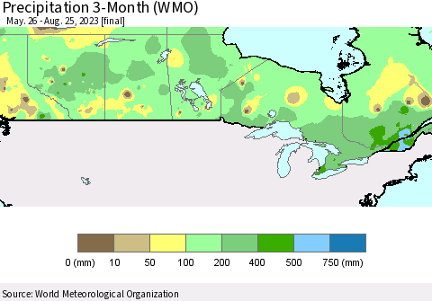 Canada Precipitation 3-Month (WMO) Thematic Map For 5/26/2023 - 8/25/2023