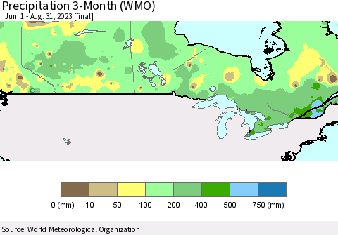 Canada Precipitation 3-Month (WMO) Thematic Map For 6/1/2023 - 8/31/2023