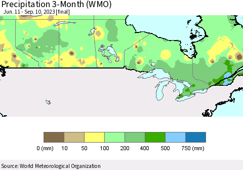 Canada Precipitation 3-Month (WMO) Thematic Map For 6/11/2023 - 9/10/2023