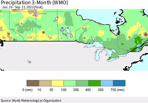 Canada Precipitation 3-Month (WMO) Thematic Map For 6/16/2023 - 9/15/2023