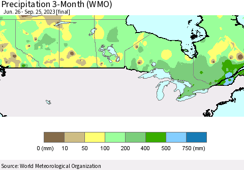 Canada Precipitation 3-Month (WMO) Thematic Map For 6/26/2023 - 9/25/2023