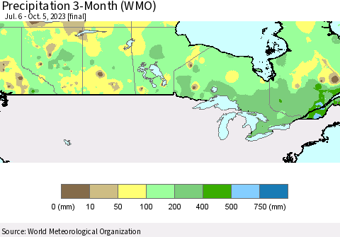 Canada Precipitation 3-Month (WMO) Thematic Map For 7/6/2023 - 10/5/2023