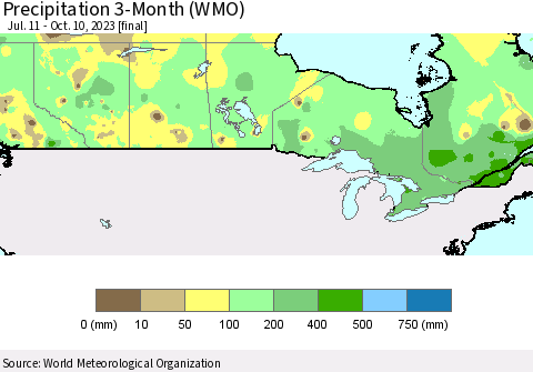 Canada Precipitation 3-Month (WMO) Thematic Map For 7/11/2023 - 10/10/2023