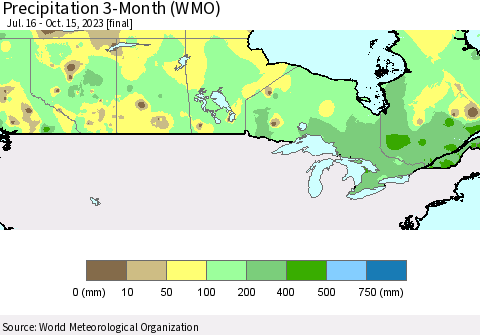 Canada Precipitation 3-Month (WMO) Thematic Map For 7/16/2023 - 10/15/2023