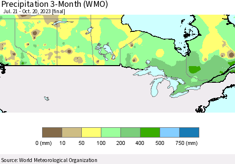 Canada Precipitation 3-Month (WMO) Thematic Map For 7/21/2023 - 10/20/2023