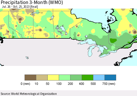 Canada Precipitation 3-Month (WMO) Thematic Map For 7/26/2023 - 10/25/2023