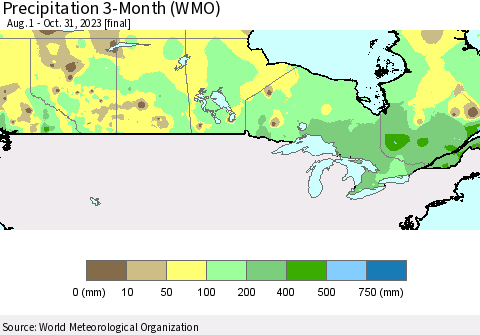 Canada Precipitation 3-Month (WMO) Thematic Map For 8/1/2023 - 10/31/2023