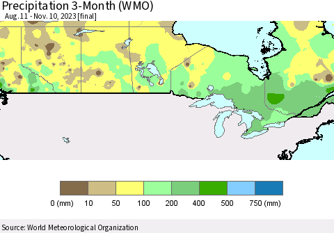Canada Precipitation 3-Month (WMO) Thematic Map For 8/11/2023 - 11/10/2023