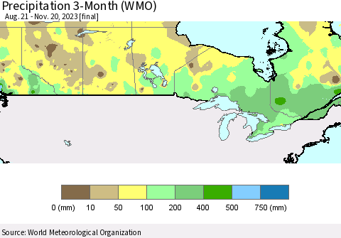 Canada Precipitation 3-Month (WMO) Thematic Map For 8/21/2023 - 11/20/2023