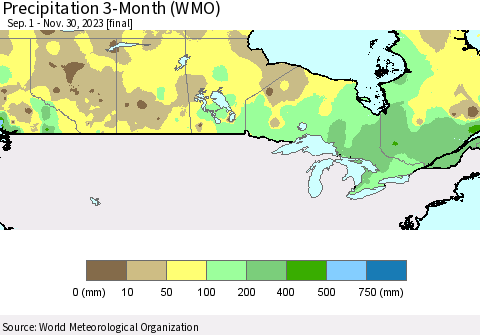 Canada Precipitation 3-Month (WMO) Thematic Map For 9/1/2023 - 11/30/2023