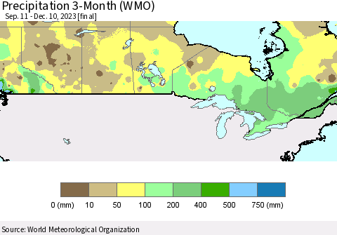 Canada Precipitation 3-Month (WMO) Thematic Map For 9/11/2023 - 12/10/2023