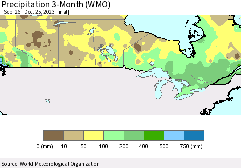 Canada Precipitation 3-Month (WMO) Thematic Map For 9/26/2023 - 12/25/2023