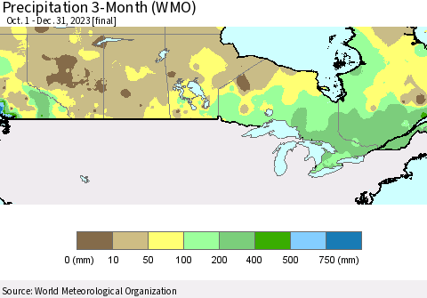 Canada Precipitation 3-Month (WMO) Thematic Map For 10/1/2023 - 12/31/2023