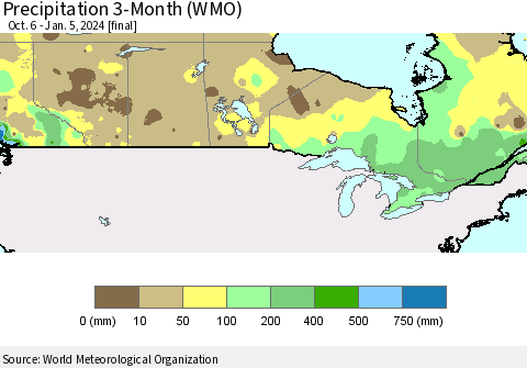 Canada Precipitation 3-Month (WMO) Thematic Map For 10/6/2023 - 1/5/2024
