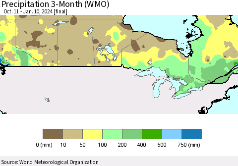 Canada Precipitation 3-Month (WMO) Thematic Map For 10/11/2023 - 1/10/2024