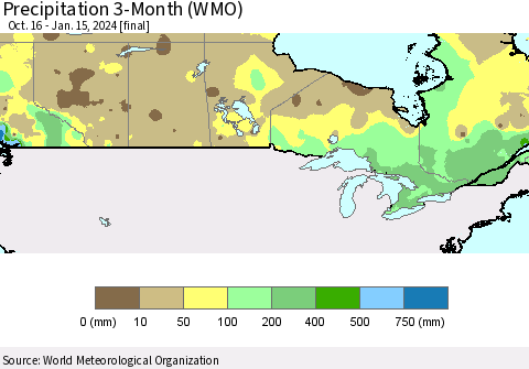 Canada Precipitation 3-Month (WMO) Thematic Map For 10/16/2023 - 1/15/2024