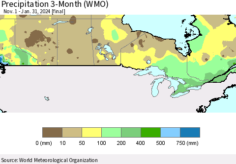 Canada Precipitation 3-Month (WMO) Thematic Map For 11/1/2023 - 1/31/2024