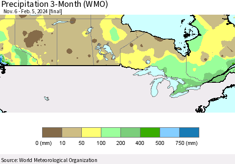 Canada Precipitation 3-Month (WMO) Thematic Map For 11/6/2023 - 2/5/2024