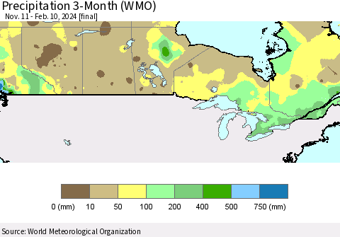 Canada Precipitation 3-Month (WMO) Thematic Map For 11/11/2023 - 2/10/2024