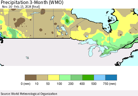 Canada Precipitation 3-Month (WMO) Thematic Map For 11/16/2023 - 2/15/2024
