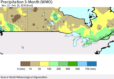 Canada Precipitation 3-Month (WMO) Thematic Map For 11/21/2023 - 2/20/2024