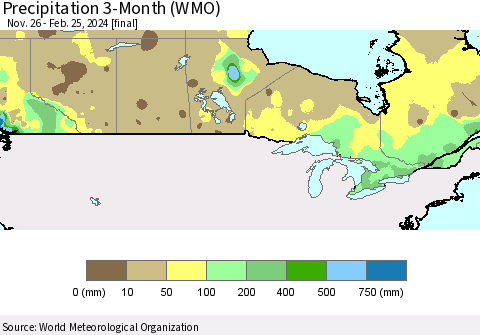 Canada Precipitation 3-Month (WMO) Thematic Map For 11/26/2023 - 2/25/2024