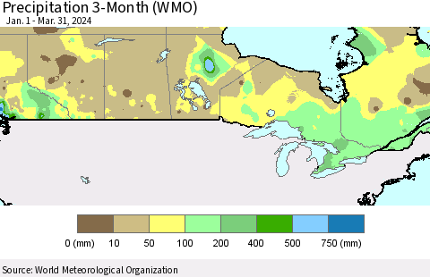 Canada Precipitation 3-Month (WMO) Thematic Map For 1/1/2024 - 3/31/2024