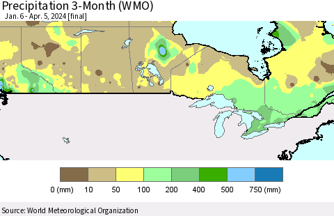 Canada Precipitation 3-Month (WMO) Thematic Map For 1/6/2024 - 4/5/2024