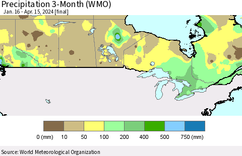 Canada Precipitation 3-Month (WMO) Thematic Map For 1/16/2024 - 4/15/2024
