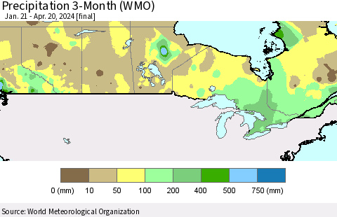 Canada Precipitation 3-Month (WMO) Thematic Map For 1/21/2024 - 4/20/2024