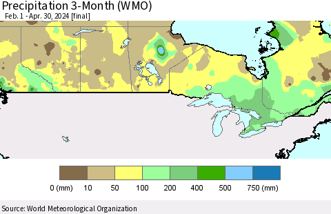 Canada Precipitation 3-Month (WMO) Thematic Map For 2/1/2024 - 4/30/2024