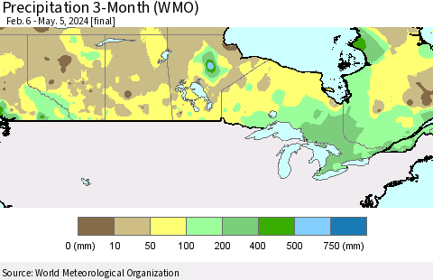 Canada Precipitation 3-Month (WMO) Thematic Map For 2/6/2024 - 5/5/2024