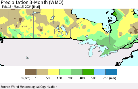 Canada Precipitation 3-Month (WMO) Thematic Map For 2/16/2024 - 5/15/2024
