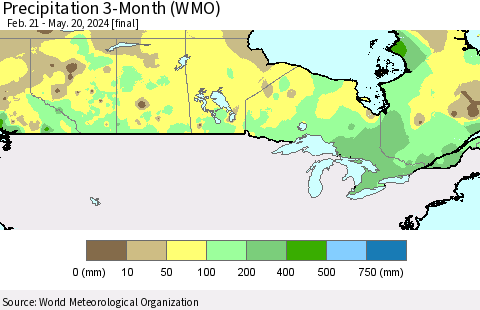 Canada Precipitation 3-Month (WMO) Thematic Map For 2/21/2024 - 5/20/2024