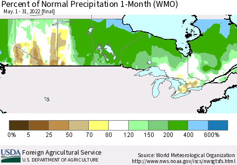 Canada Percent of Normal Precipitation 1-Month (WMO) Thematic Map For 5/1/2022 - 5/31/2022