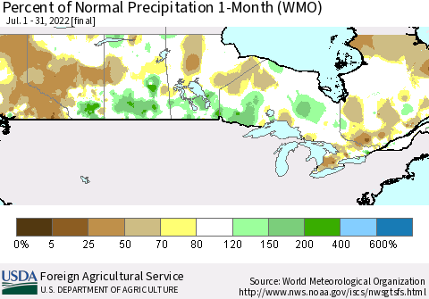 Canada Percent of Normal Precipitation 1-Month (WMO) Thematic Map For 7/1/2022 - 7/31/2022
