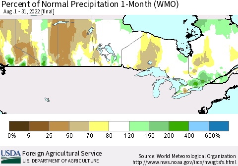 Canada Percent of Normal Precipitation 1-Month (WMO) Thematic Map For 8/1/2022 - 8/31/2022