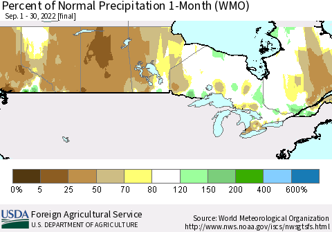 Canada Percent of Normal Precipitation 1-Month (WMO) Thematic Map For 9/1/2022 - 9/30/2022